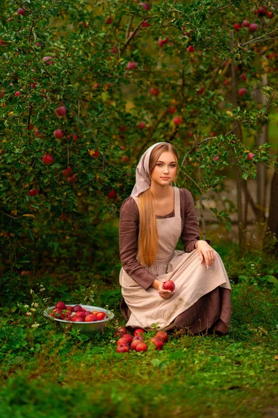 穿着中世纪衣服和围裙的漂亮金发姑娘拿着红苹果的画像 年轻的工人站在花园里 温暖多彩的艺术作品 — 图库照片