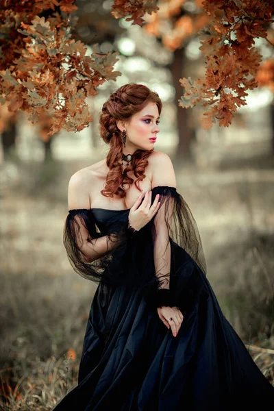 美丽的时尚哥特式女孩站在秋天树旁边的画像 幻想的艺术品 漂亮的红头发模特 穿着黑色衣服 头戴黑色帽子 看着相机和照片 关于年轻公主的童话 — 图库照片