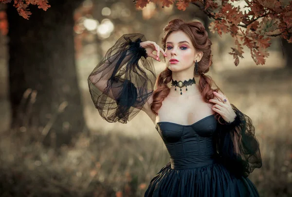 Retrato Magnífica Moda Menina Gótica Perto Árvore Outono Fantasy Art — Fotografia de Stock