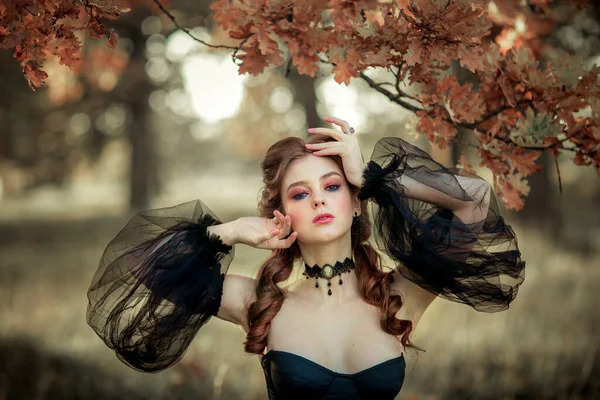 Portrait Magnificent Fashion Gothic Girl Standing Autumn Tree Fantasy Art — Stock Photo, Image