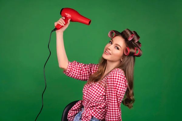 Pretty Young Smiling Girl Big Red Curlers Drying Hair Red — Stock Photo, Image