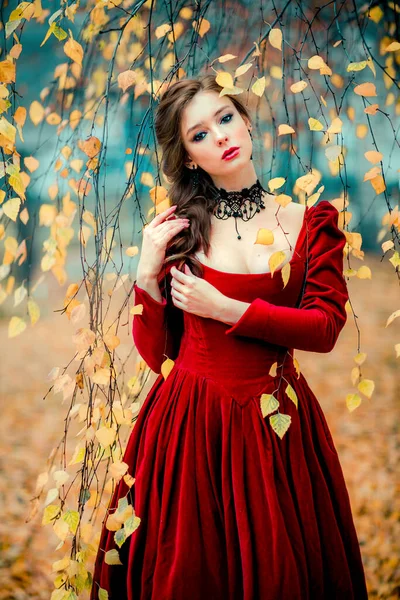 美丽的时尚哥特式女孩站在秋天的森林里的画像 幻想的艺术作品 漂亮的红头发模特 头戴宝剑 年轻的公主武士的童话 — 图库照片