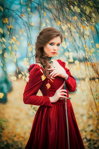 Portrait Magnificent Fashion Gothic Girl Standing Autumn Forest Fantasy Art — Stock Photo, Image