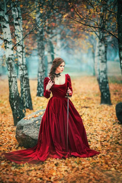 Porträt Der Herrlichen Mode Gotische Mädchen Stehen Herbst Wald Fantasy — Stockfoto