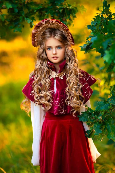 Menina Bonita Vestido Vintage Bonito Capuz Vermelho Livre Obra Arte — Fotografia de Stock