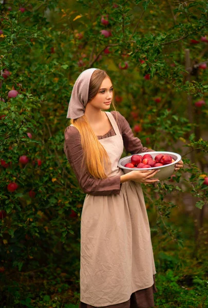 Retrato Menina Loira Bonita Vestido Medieval Avental Com Maçãs Vermelhas — Fotografia de Stock