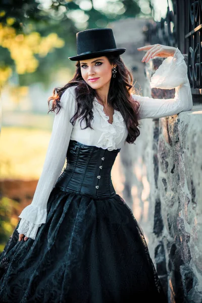Fantasy Art Work Amazing Brunette Model Black White Dress Hat — 스톡 사진
