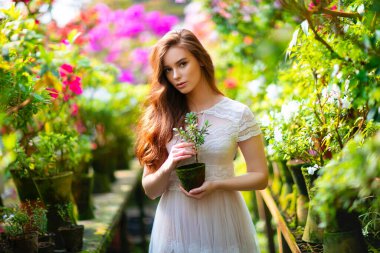 Beautiful red haired girl in a white lace dress standing in a garden with colorful flowers. Art work of romantic woman .Pretty tenderness model looking at camera. clipart