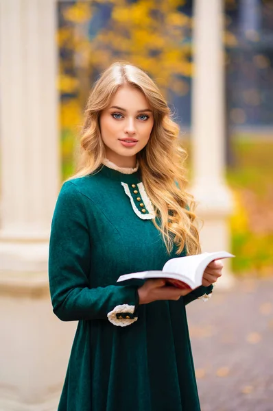 Beautiful Blonde Curly Young Girl Green Long Vintage Dress Lace — Stock Photo, Image