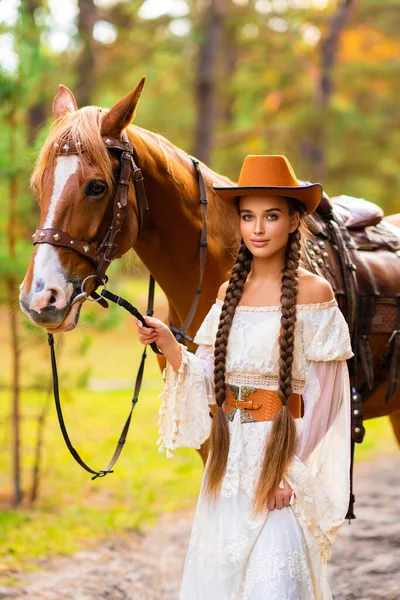 Beautiful Cowgirl Extra Long Braided Hair Vintage Lace Dress Orange — Stock Photo, Image
