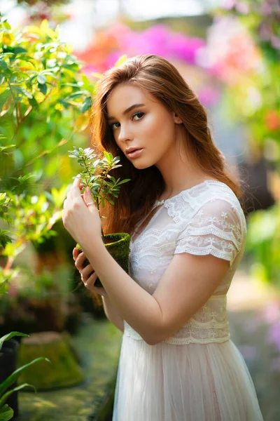 美丽的红头发姑娘穿着白色花边裙站在一个开着五彩花的花园里 浪漫女人的艺术作品 看着相机的漂亮柔情模型 — 图库照片