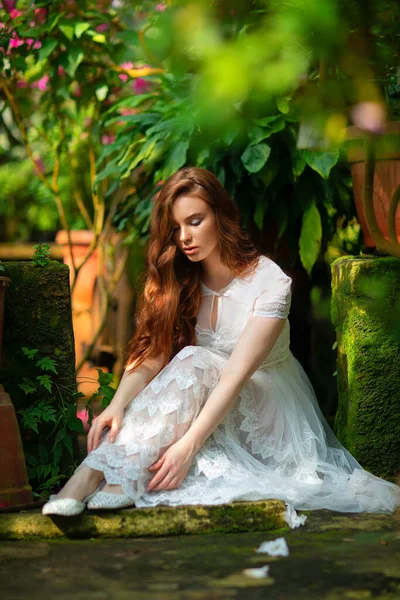 Beautiful Red Haired Girl White Lace Dress Standing Garden Colorful — Stock Photo, Image