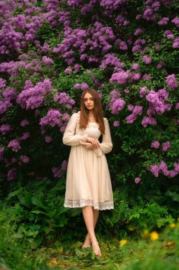 Leylak bahçesinde poz veren uzun saçlı ve klasik beyaz elbiseli güzel bir kız. Romantik model doğanın tadını çıkarıyor..
