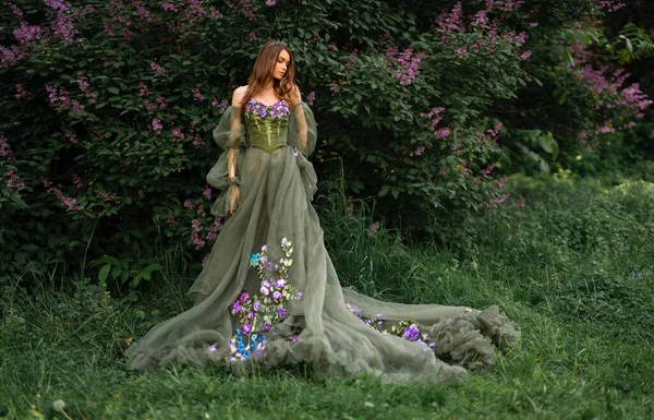 Linda Rainha Coroa Belo Vestido Longo Verde Com Flores Posando — Fotografia de Stock