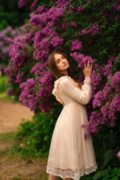美丽的女孩 留着长发 穿着老式的白色衣服 在紫丁香花园里摆姿势 享受大自然的浪漫模式 — 图库照片