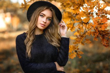Renkli sonbahar yapraklarının yanında duran koyu renk elbiseli ve siyah şapkalı güzel bir kızın portresi. Romantik bir kadının sanat eseri. Kameraya bakan oldukça hassas bir model..