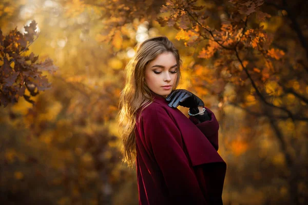 Close Portrait Beautiful Girl Dark Dress Standing Colorful Autumn Leaves — Stock Photo, Image