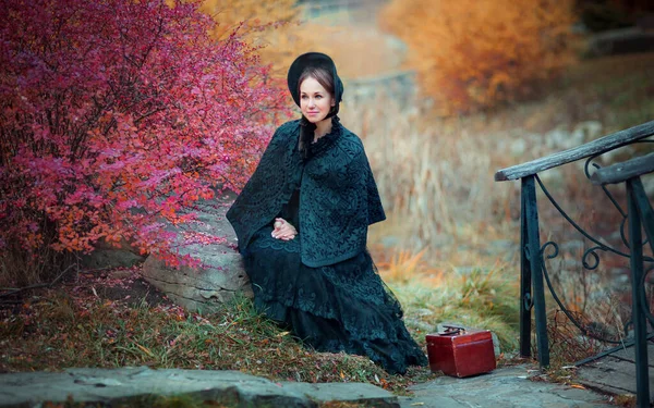 Beautiful Woman Black Long Vintage Dress Hood Sitting Stone Art — Stock Photo, Image