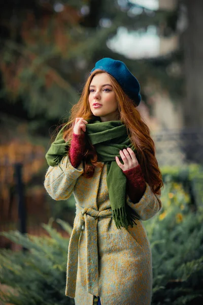 Portrait Redhead Beautiful Girl Green Scarf Blue Hat Standing Colorful — Stock Photo, Image