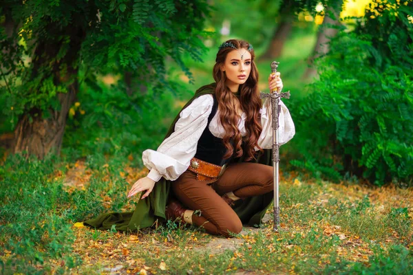 Beautiful Red Haired Princess Medieval Elfin Dress Long Cloak Sword — Stock Photo, Image