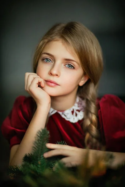Close Portrait Beautiful Young Girl Long Braid Hair Vintage Dress — Stock Photo, Image