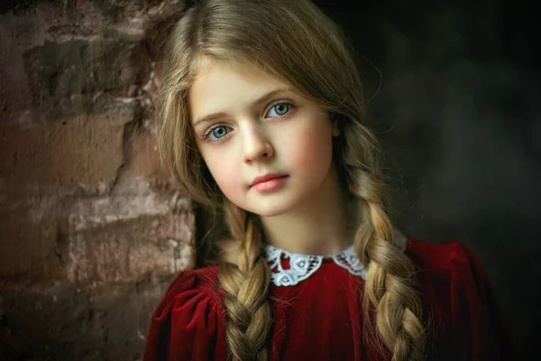 Close Portrait Beautiful Young Girl Long Braid Hair Vintage Dress — Stock Photo, Image