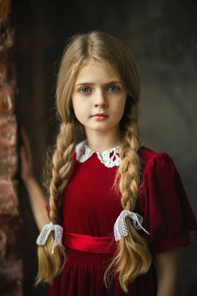 Κοντινό Πλάνο Πορτρέτο Ενός Όμορφου Κοριτσιού Μακριά Πλεξούδα Μαλλιά Vintage — Φωτογραφία Αρχείου