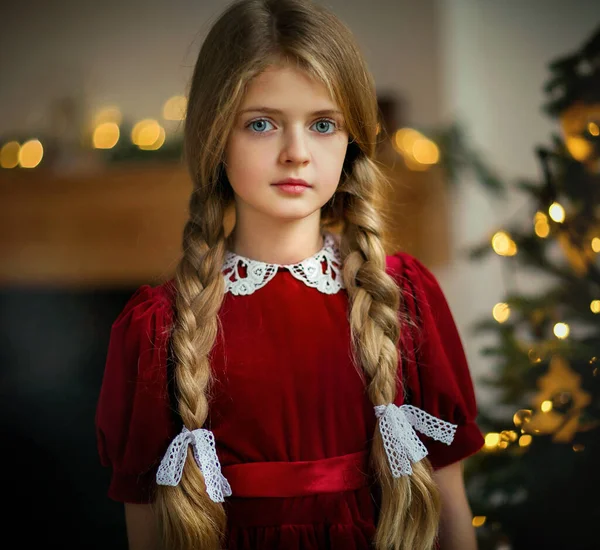 Nahaufnahme Porträt Eines Schönen Jungen Mädchens Mit Langen Geflochtenen Haaren — Stockfoto