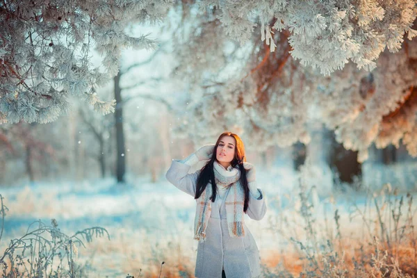Portrait Beautiful Brunette Girl Warm Scarf Outdoor Winter Frost Forest — Stock Photo, Image