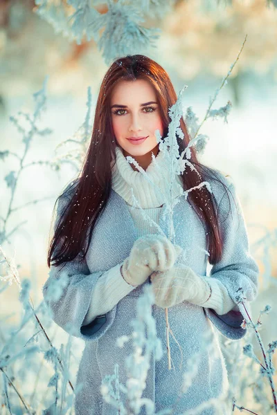 冬霜森林里穿着温暖围巾的漂亮黑发姑娘的画像 蓝色背景的年轻貌美的模特儿笑着 — 图库照片