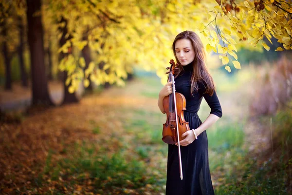Portré Egy Gyönyörű Barna Lány Sötét Ruhában Hegedűvel Hegedűs Kezében — Stock Fotó