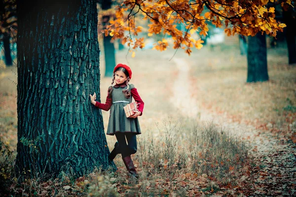 Осенний Портрет Красивой Молодой Школьницы Красном Берете Косички Книгами Нежность — стоковое фото