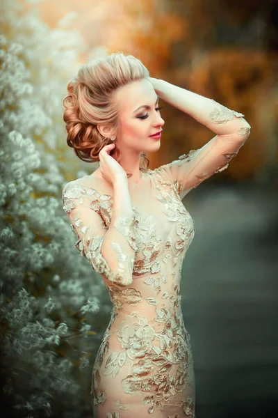 Hermosa Chica Encaje Vestido Oro Lujo Peinado Trabajo Artístico Una —  Fotos de Stock