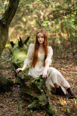 Açık renk elbiseli güzel kızıl saçlı bir kızın portresi ve yosun ağacının yanında taç. Elfle ilgili peri masalı. Ormanda poz veren manken. Sıcak sanat eseri.
