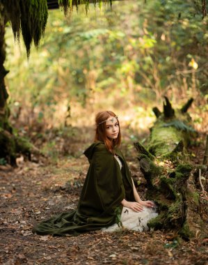 Yeşil ortaçağ elbisesi içinde yosun ağacının yanında güzel kızıl saçlı bir kızın portresi. Elfle ilgili peri masalı. Ormanda poz veren manken. Sıcak sanat eseri.