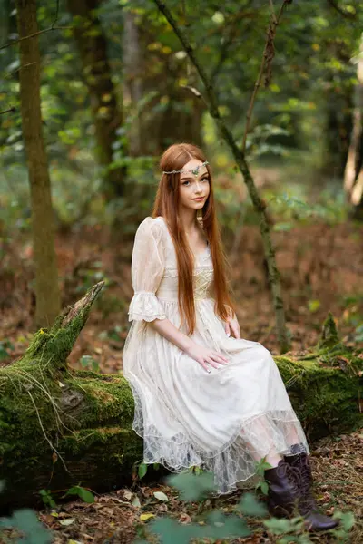 Portré Egy Gyönyörű Vörös Hajú Lány Világos Hercegnők Ruha Tiara — Stock Fotó