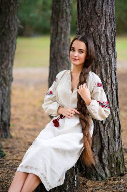 Ukrayna geleneksel elbisesiyle ormanda poz veren ekstra uzun örgülü güzel saçlı kız. Renkli, sıcak bir arka planda genç ve çekici bir kadının portresi..