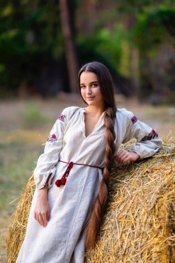 Ekstra uzun örgülü, Ukrayna geleneksel elbisesiyle bir çiftlikte poz veren güzel bir kız. Renkli, sıcak bir arka planda genç ve çekici bir kadının portresi..