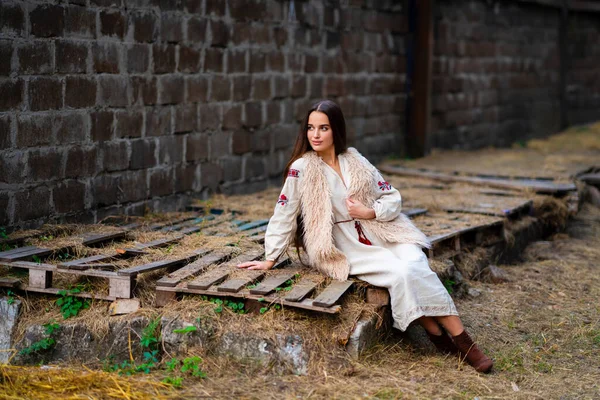 Hermosa Chica Pelo Trenzado Extra Largo Vestido Tradicional Ucraniano Posando —  Fotos de Stock