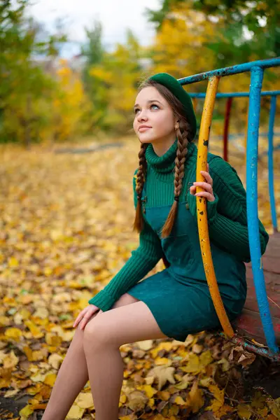 Beautiful Girl Green Beret Sweater Braids Enjoy Autumn Nature Playground — Stock Photo, Image