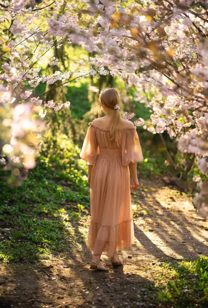 Piękna Dziewczyna Różowym Vintage Sukienka Stoi Pobliżu Kolorowych Kwiatów Dzieło — Zdjęcie stockowe