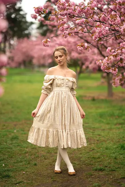 漂亮的金发姑娘穿着老式花边裙站在春天公园的粉红花朵旁 温柔浪漫的造型 免版税图库照片