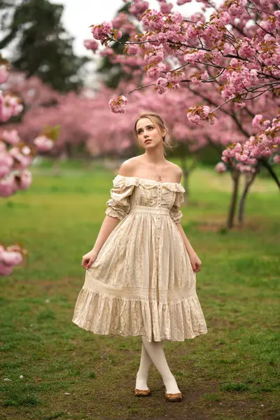 漂亮的金发姑娘穿着老式花边裙站在春天公园的粉红花朵旁 温柔浪漫的造型 免版税图库图片