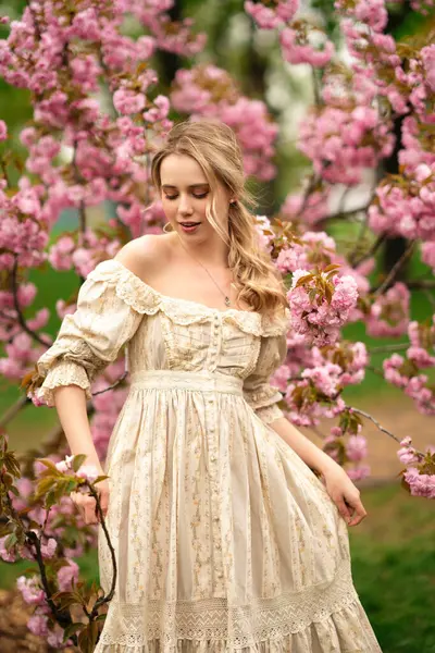 漂亮的金发姑娘穿着老式花边裙站在春天公园的粉红花朵旁 温柔浪漫的造型 图库图片