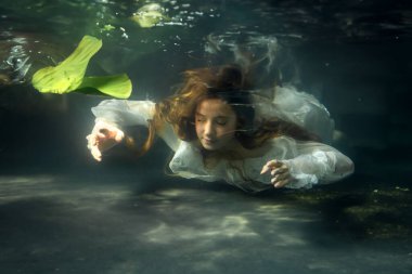 Güzel sarışın, uzun saçlı, beyaz elbiseli yeşil bitkilerle gölde poz veren kız. Ophelia hakkındaki peri masalı. Sıcak sanat eserleri.