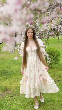 Ekstra uzun siyah saçlı genç bir kadının çiçek açan kiraz ve sakura bahçesinde yürüdüğü güzel bir sanat videosu. Klasik elbise, romantik bahar atmosferi, yumuşak doğal ışık, huzurlu ve rüya gibi bir sahne..