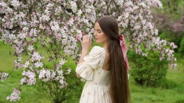Ekstra uzun siyah saçlı genç bir kadının çiçek açan kiraz ve sakura bahçesinde yürüdüğü güzel bir sanat videosu. Klasik elbise, romantik bahar atmosferi, yumuşak doğal ışık, huzurlu ve rüya gibi bir sahne..