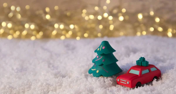 Red Car Christmas Tree Snow Background Lights — Stock Photo, Image