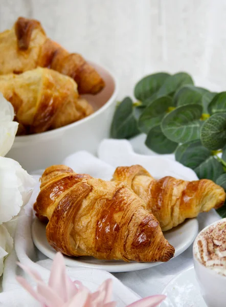 Fresh Homemade Croissants White Plate Background Bowl Buns High Quality — Stock Photo, Image
