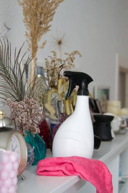 Temizlik acentesi ve rafta temizlenecek pembe bir bez. Yüksek kalite fotoğraf